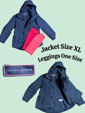 Tommy Hilfiger Navy Quilted Hooded Jacket with Red and Pink Leggings